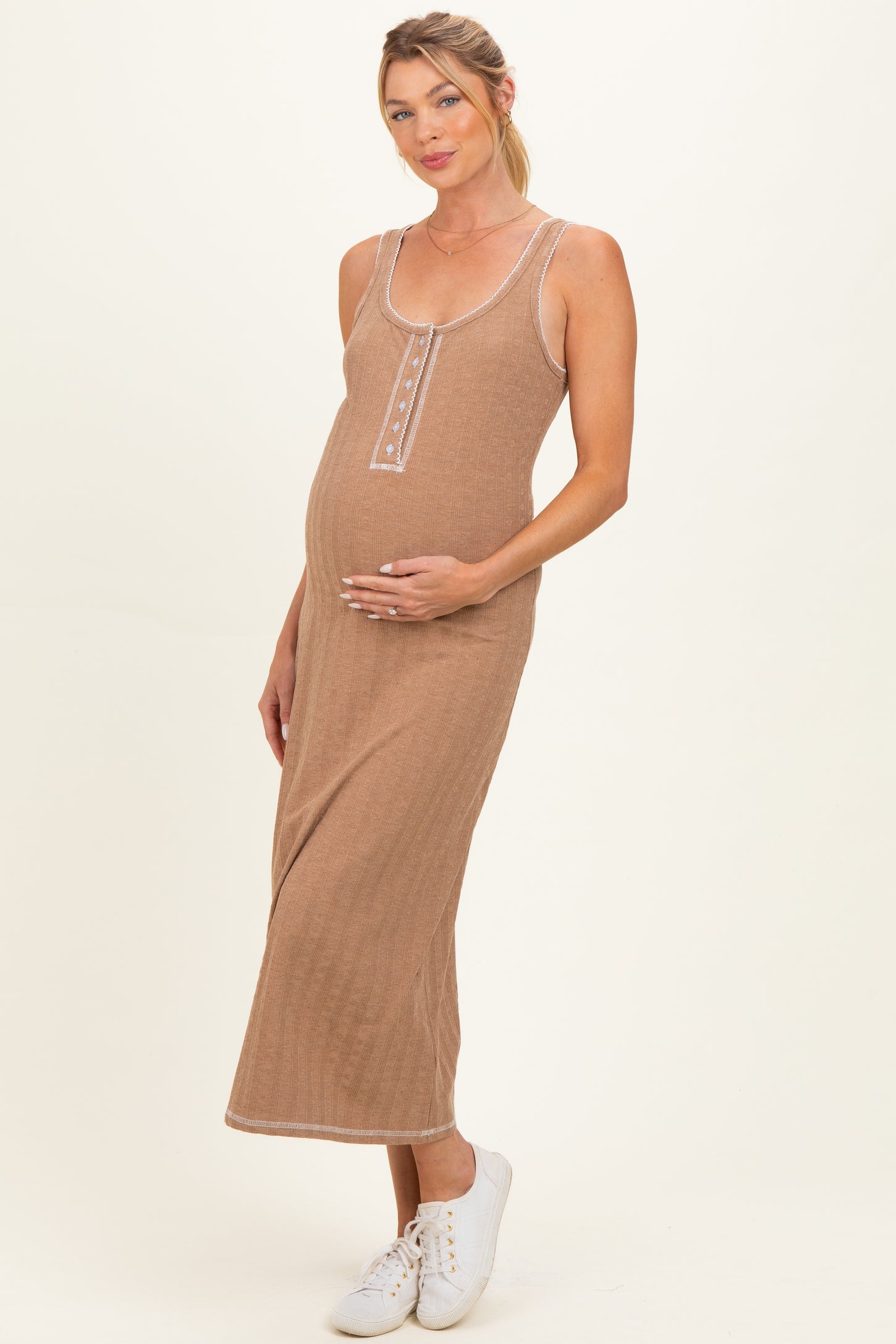 Tan Cable Knit Sleeveless Maternity Midi Dress