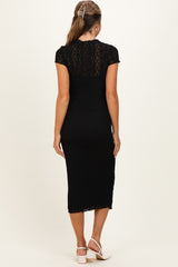 Black Sheer Lace Overlay Short Sleeve Maternity Midi Dress