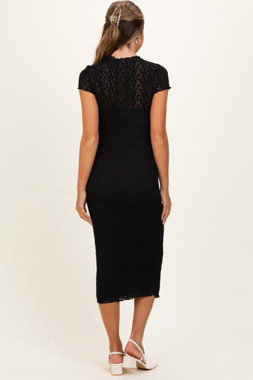 Black Sheer Lace Overlay Short Sleeve Maternity Midi Dress