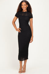 Black Sheer Lace Overlay Short Sleeve Maternity Midi Dress