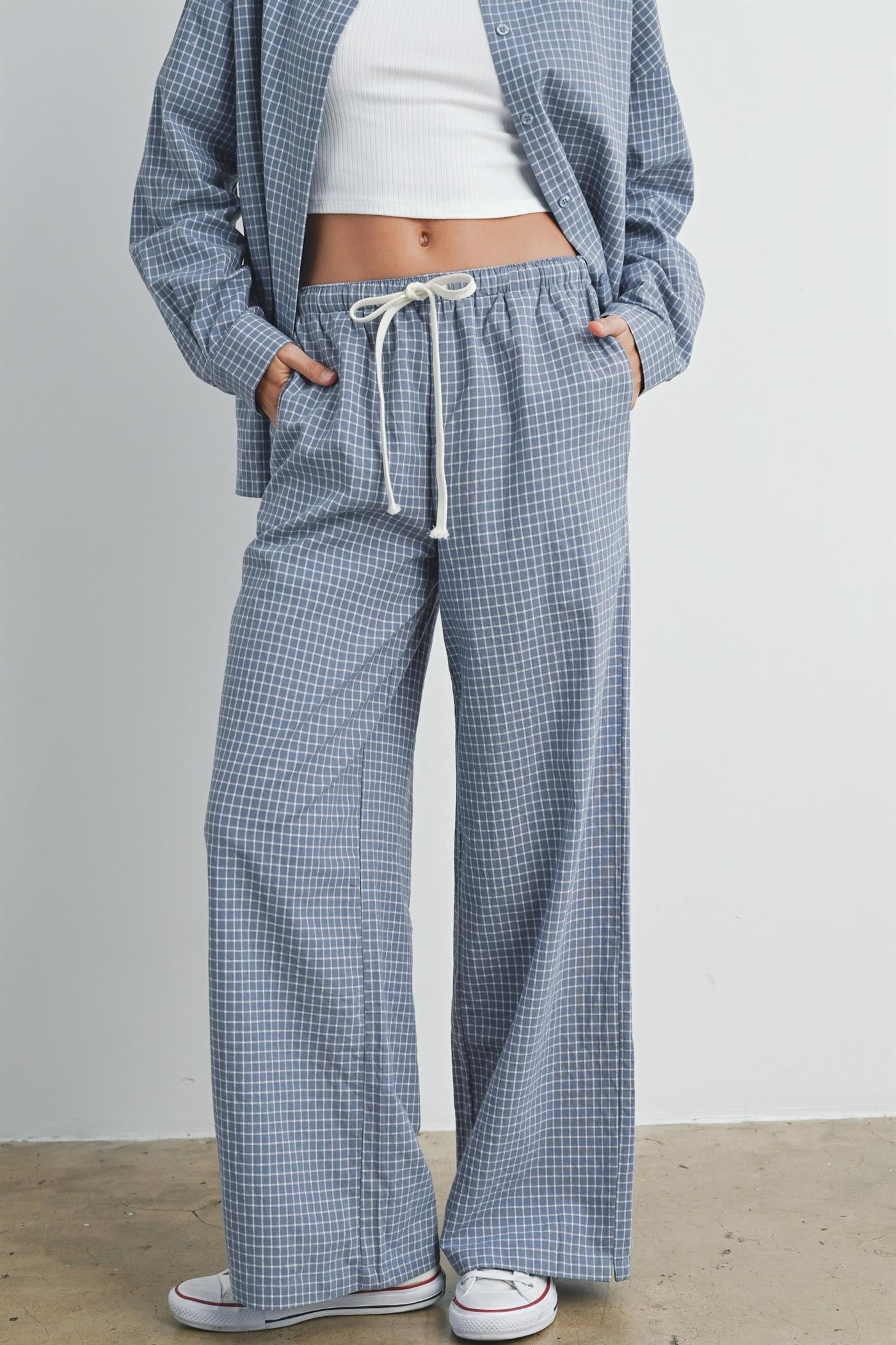 Blue Multi Drawstring Checkered Pants