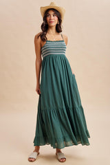 Rich Teal Embroidered Smocked Maxi Dress