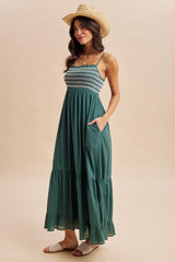 Rich Teal Embroidered Smocked Maxi Dress