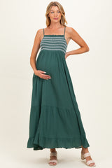 Rich Teal Embroidered Smocked Maternity Maxi Dress