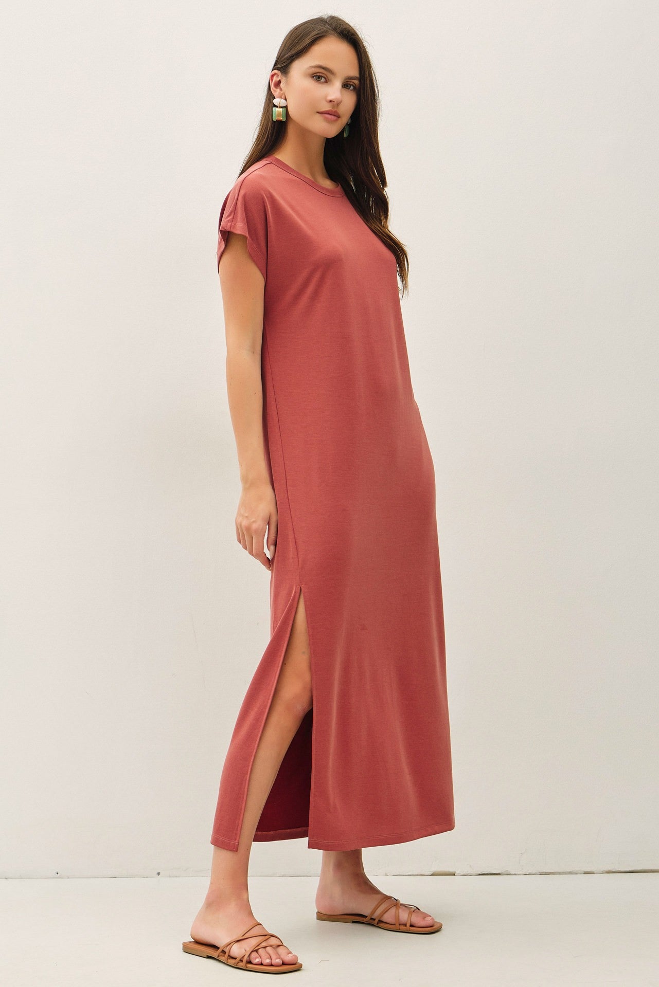 Brick Boxy Side Slit Maxi Dress