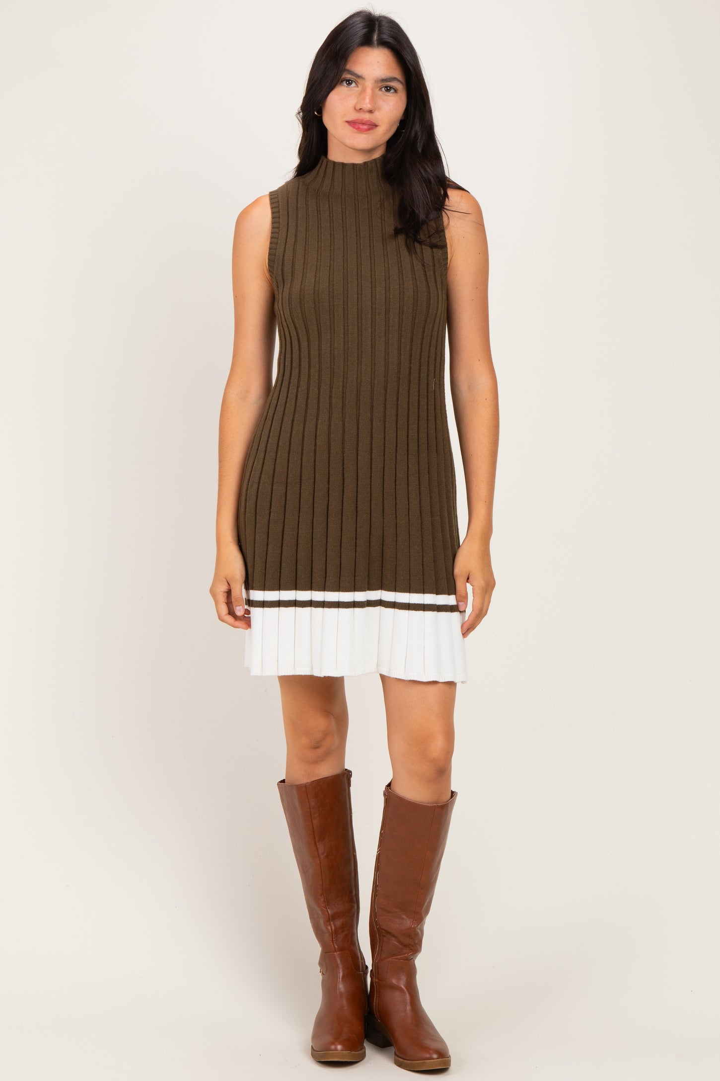 Olive Colorblock Ribbed Knit Mini Dress