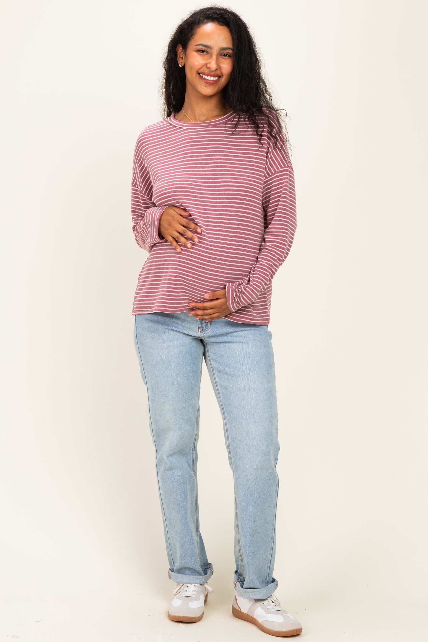 Burgundy Striped Oversized French Terry Maternity Top