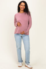 Burgundy Striped Oversized French Terry Maternity Top