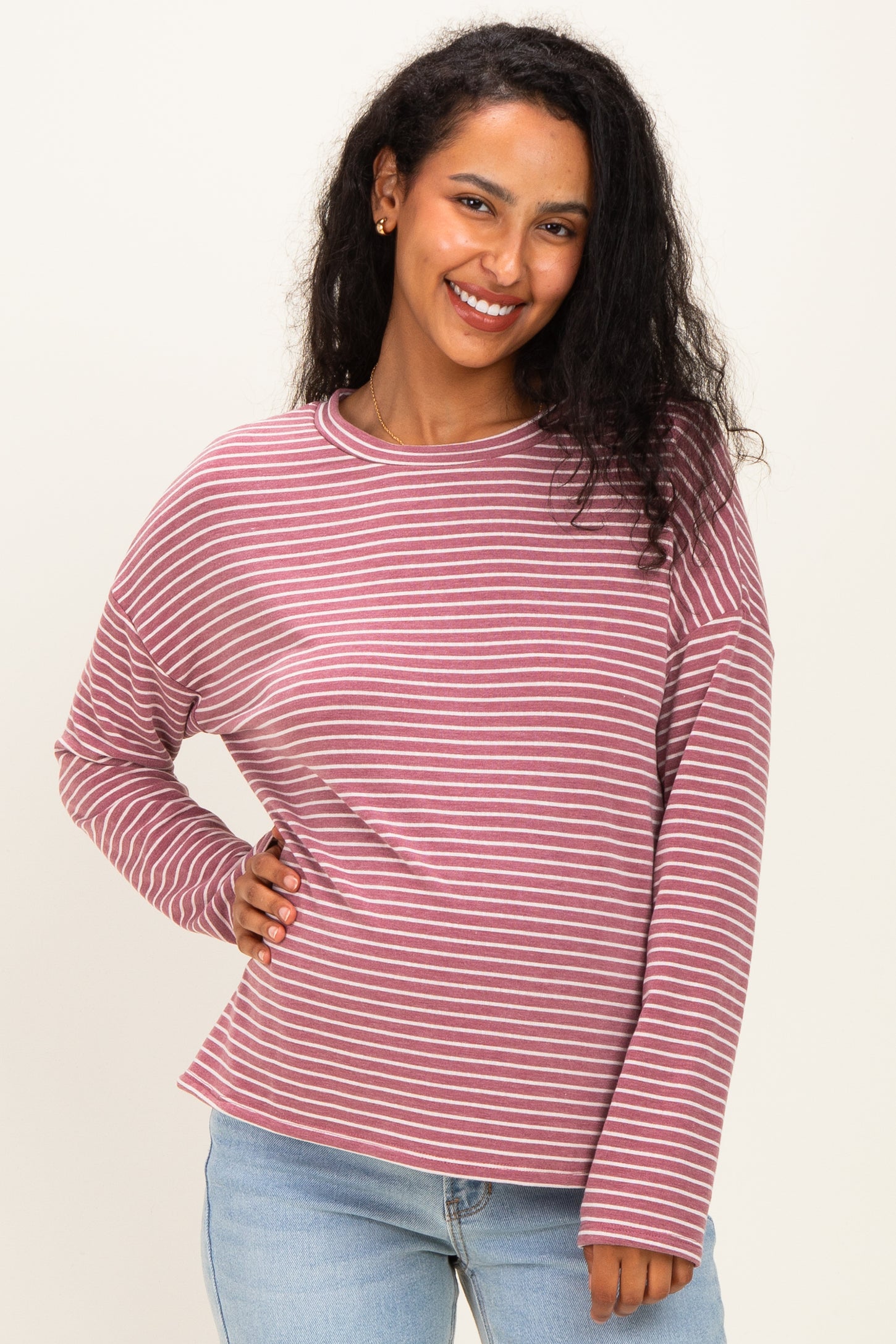 Burgundy Striped Oversized French Terry Maternity Top