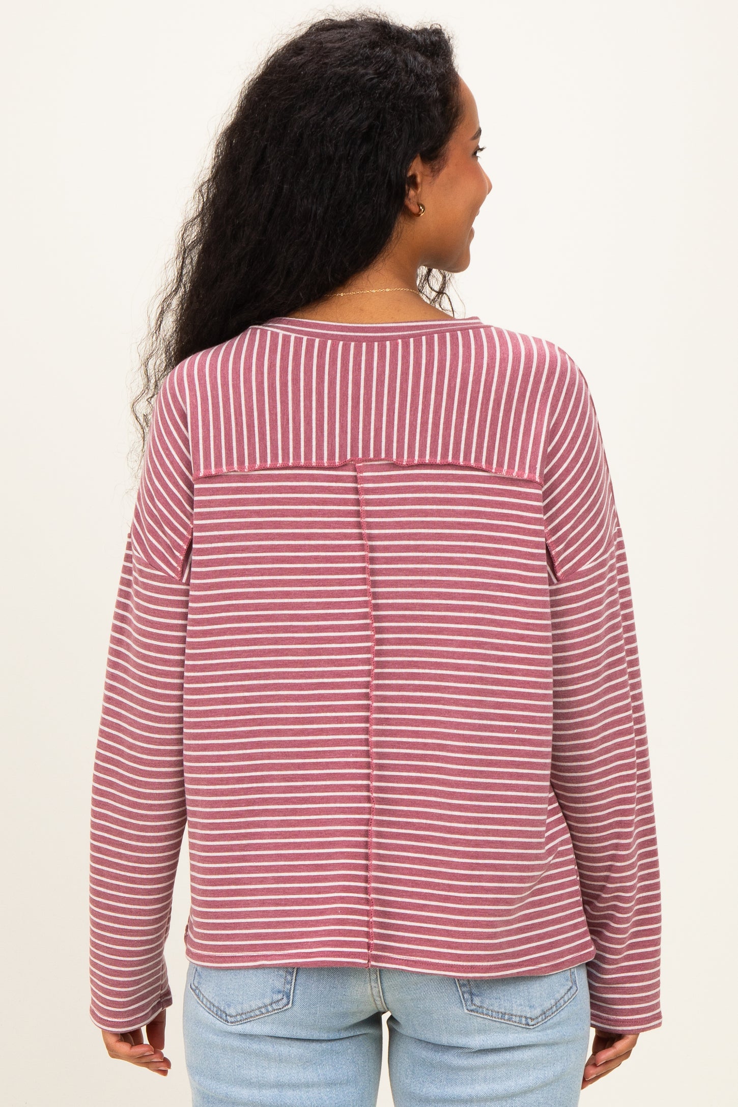 Burgundy Striped Oversized French Terry Maternity Top