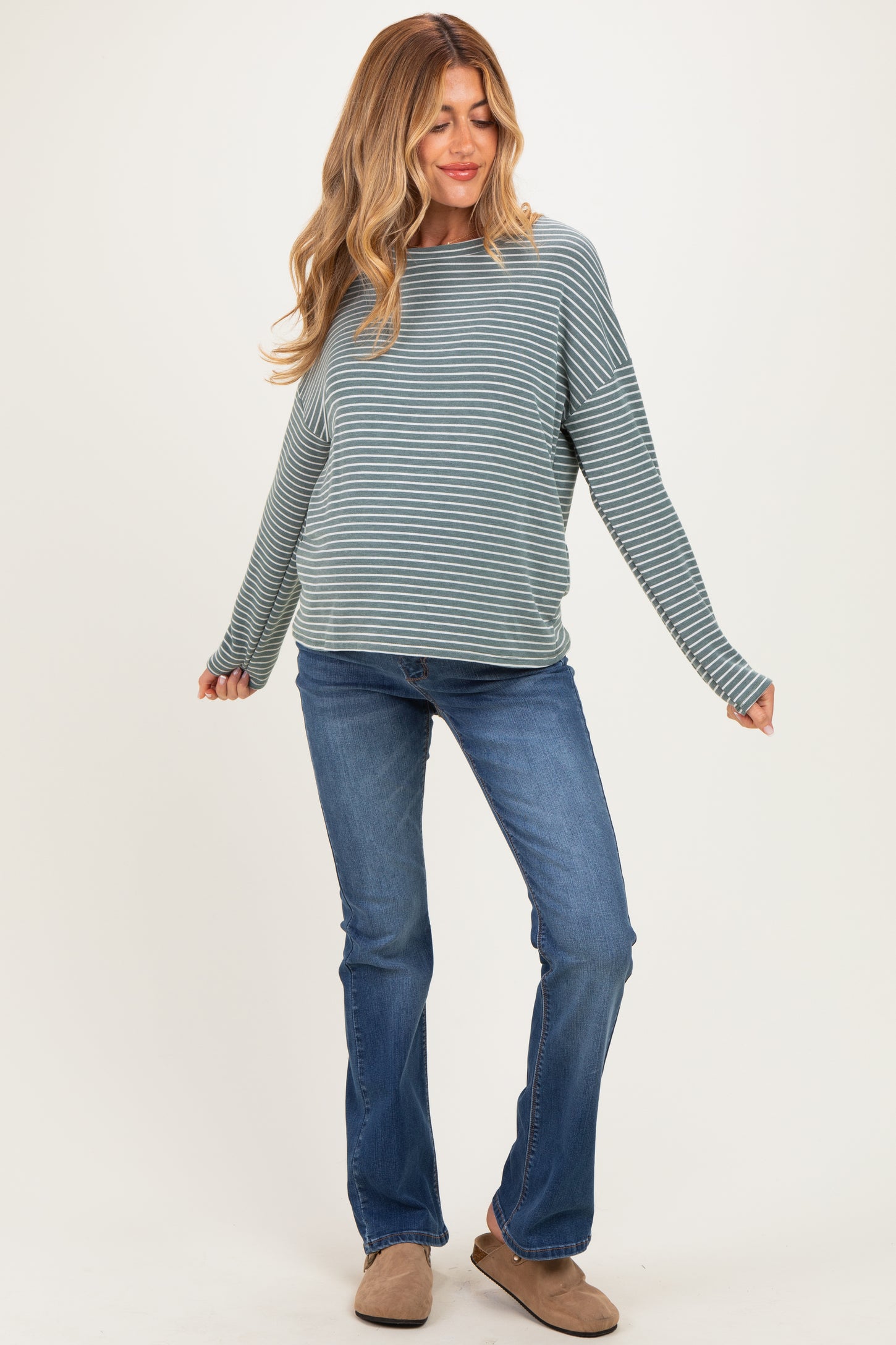 Olive Striped Oversized French Terry Maternity Top