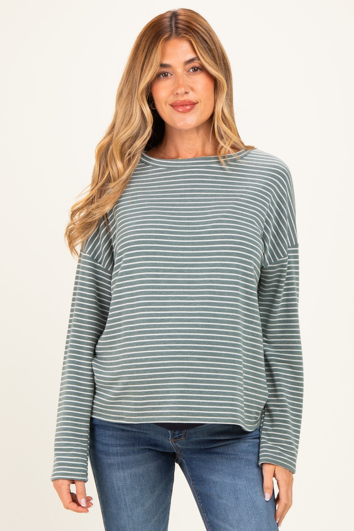 Olive Striped Oversized French Terry Maternity Top