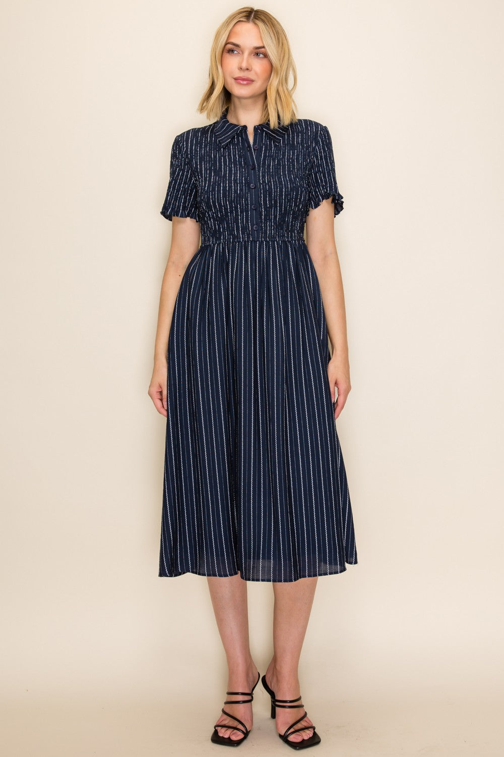 Navy Striped Smocked Shirt Dress
