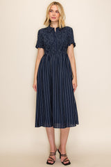 Navy Striped Smocked Shirt Dress
