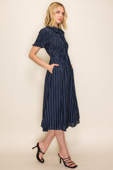 Navy Striped Smocked Shirt Dress