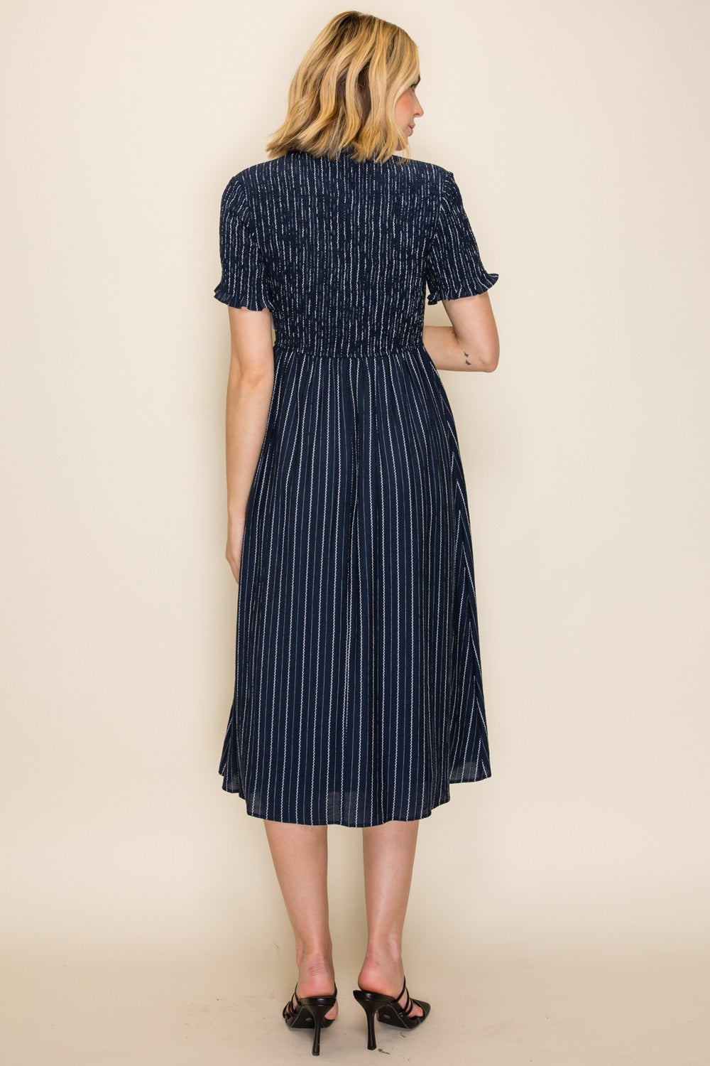 Navy Striped Smocked Shirt Dress