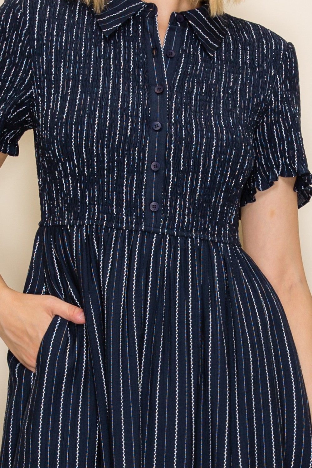 Navy Striped Smocked Shirt Dress