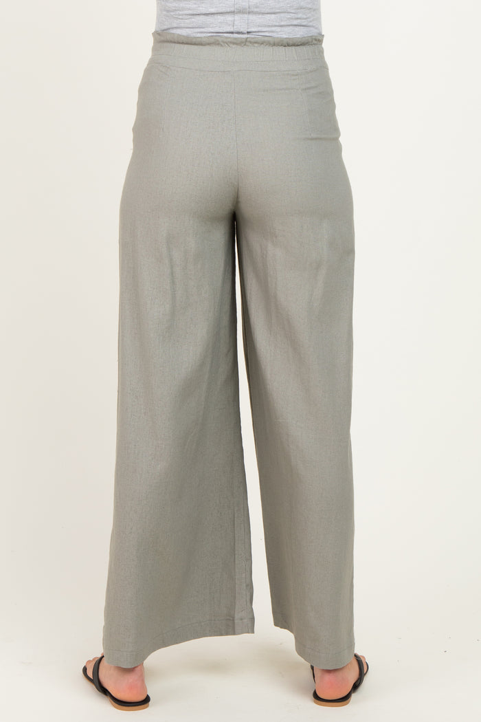 woman wearing gray wide-leg maternity pants, view from the back