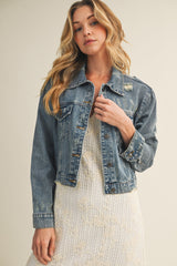 Medium Wash Distressed Maternity Denim Jacket