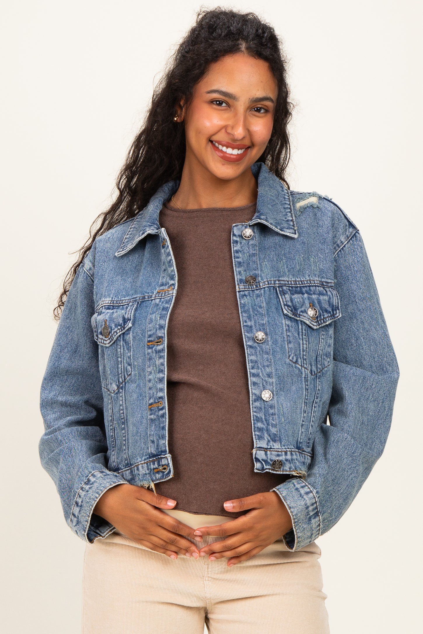 Medium Wash Distressed Maternity Denim Jacket