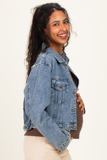 Medium Wash Distressed Maternity Denim Jacket