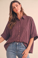 Merlot Oversized Check Plaid Maternity Button Down Shirt