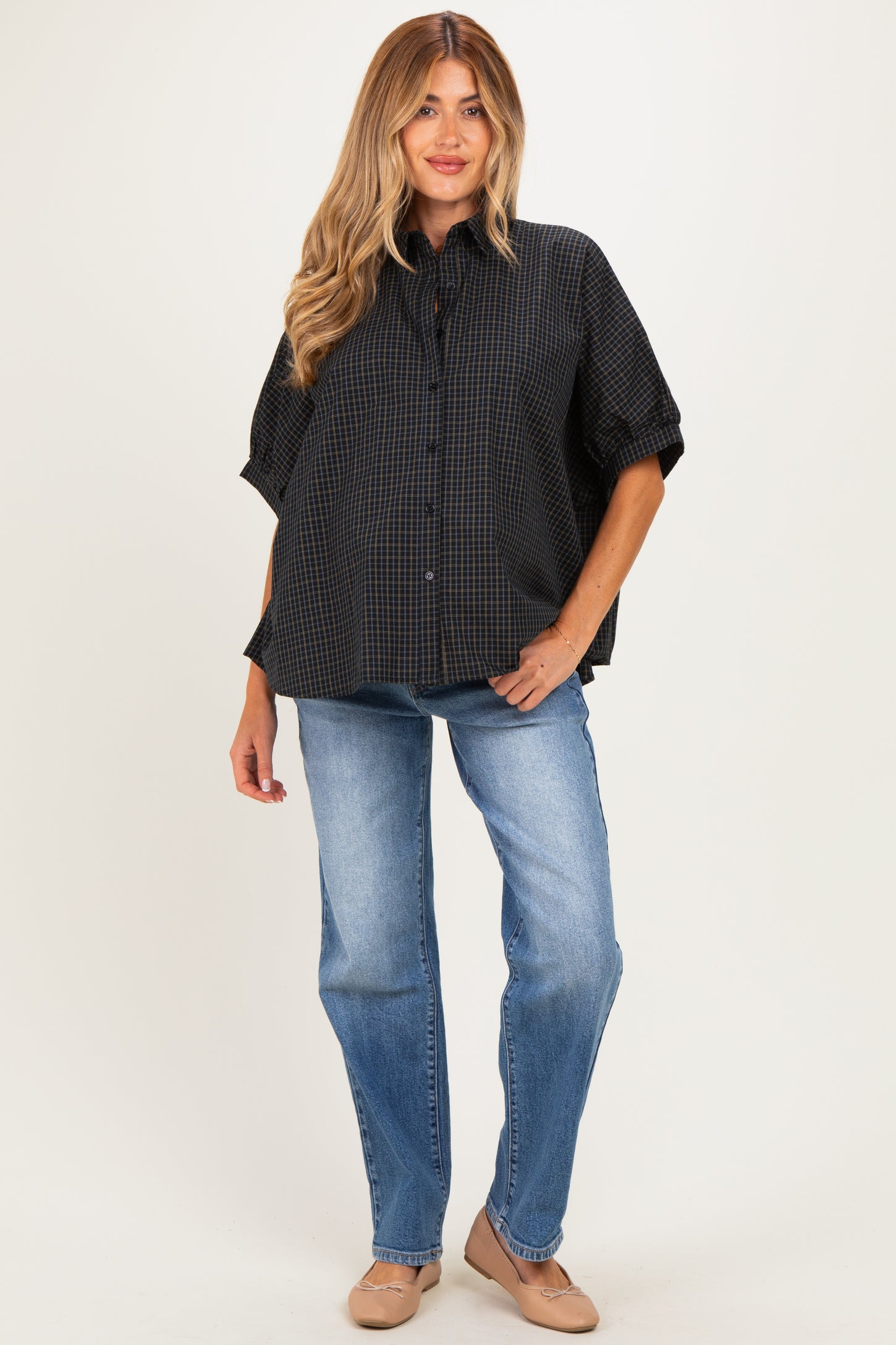 Midnight Oversized Check Plaid Maternity Button Down Shirt