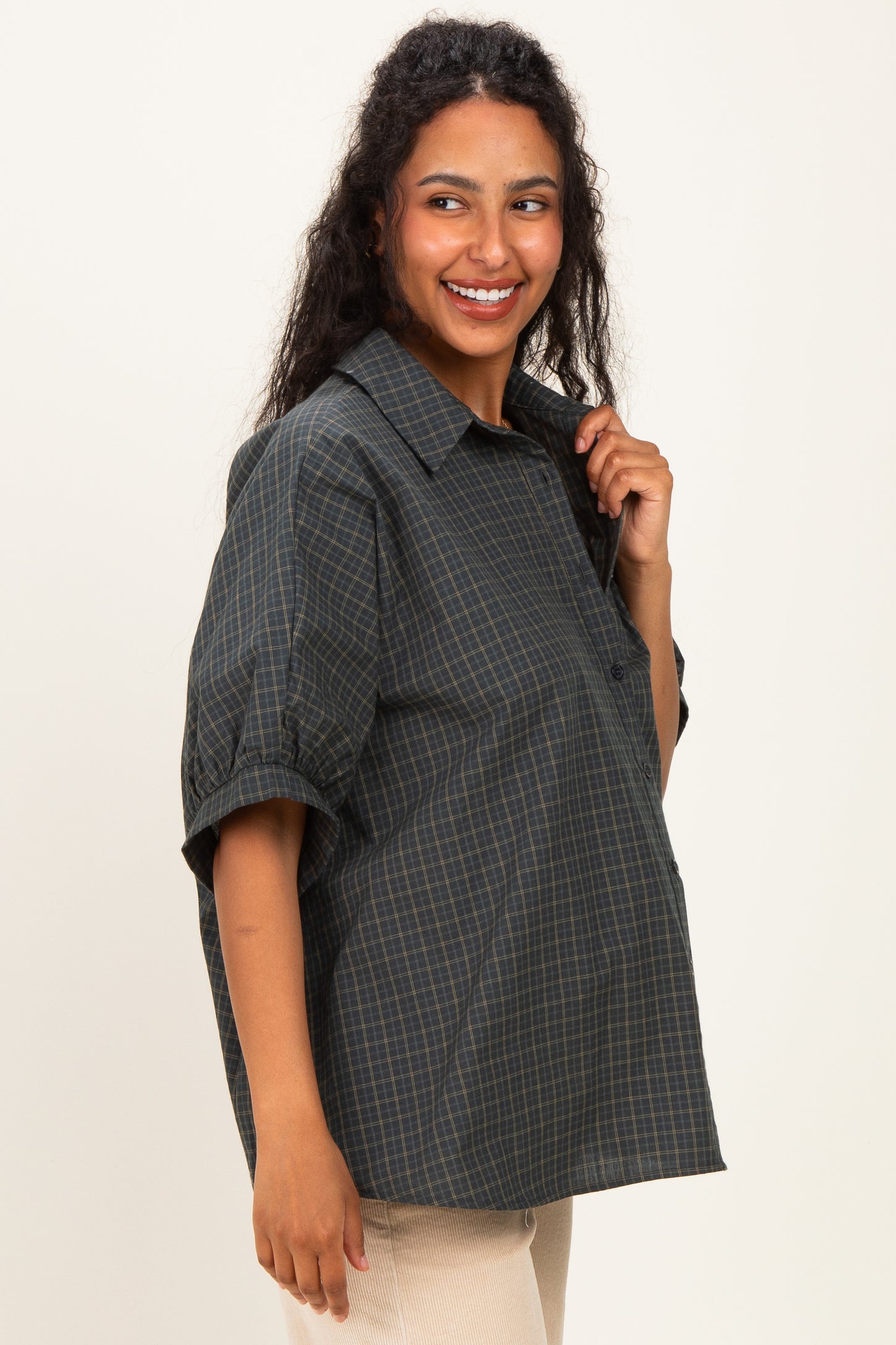 Pine Oversized Check Plaid Maternity Button Down Shirt
