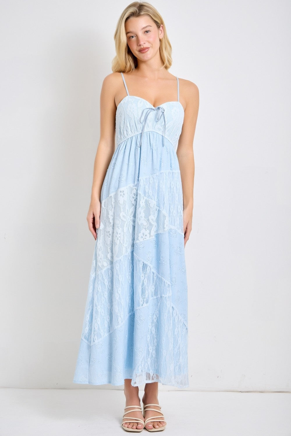 Light Blue Mixed Lace Sleeveless Maternity Midi Dress