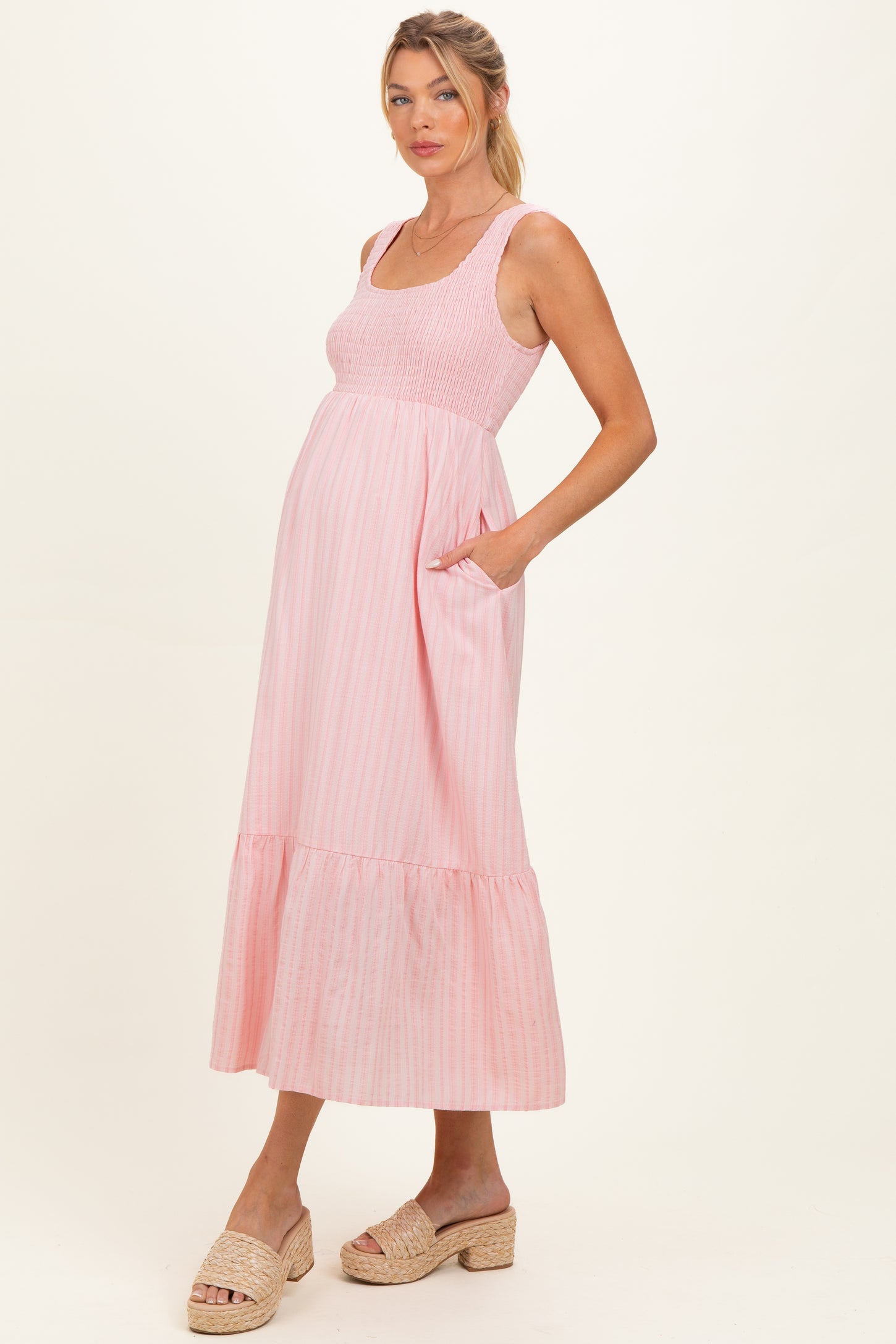 Pink Smocked Striped Sleeveless Maternity Maxi Dress