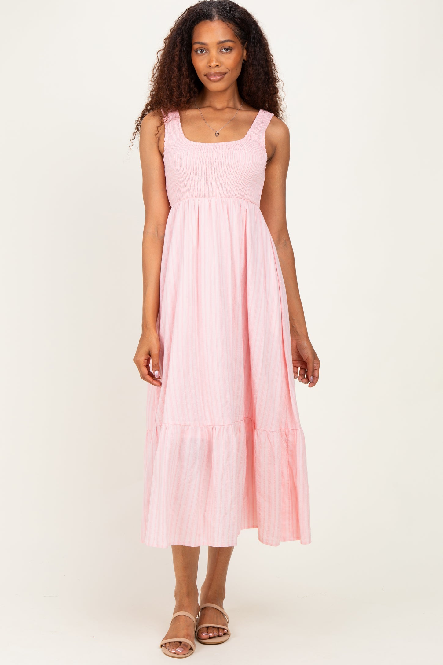 Pink Smocked Striped Sleeveless Maternity Maxi Dress