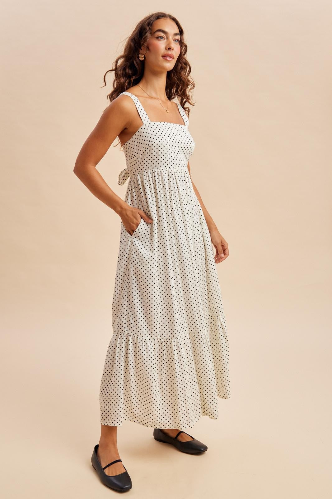 White Polka Dot Back Bow Maxi Dress