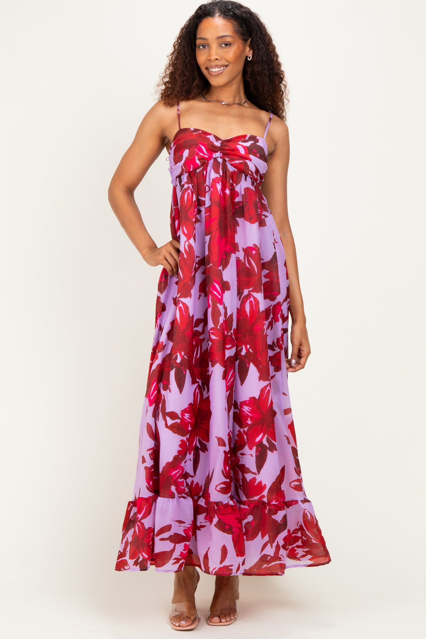 Lavender Floral Ruffle Hem Maternity Maxi Dress