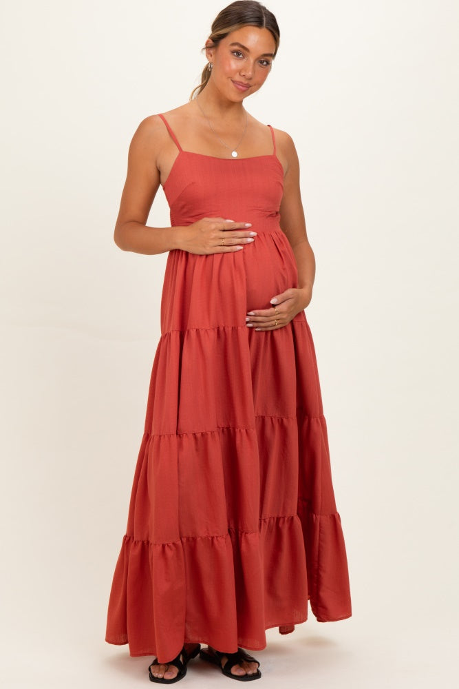 Bronze Sleeveless Tiered Maternity Maxi Dress