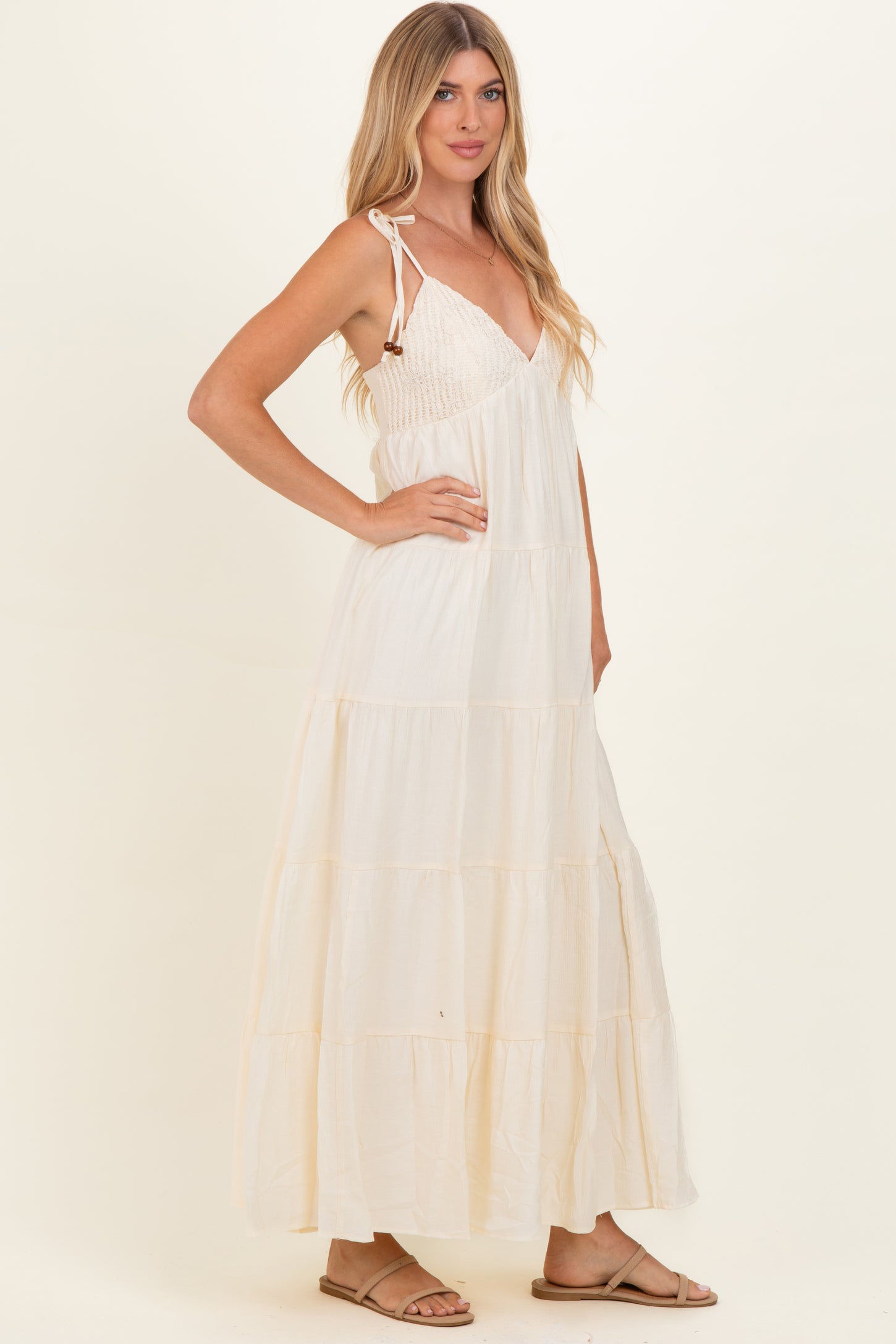 Cream Crochet Detail Tiered Shoulder Tie Maxi Dress