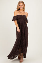 Brown Lace Off Shoulder Maxi Dress