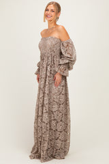 Mocha Lace Off Shoulder Long Sleeve Maxi Dress