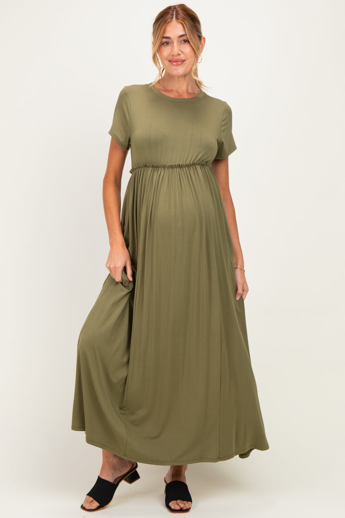 Olive Ruffle Trim Maternity Maxi Dress