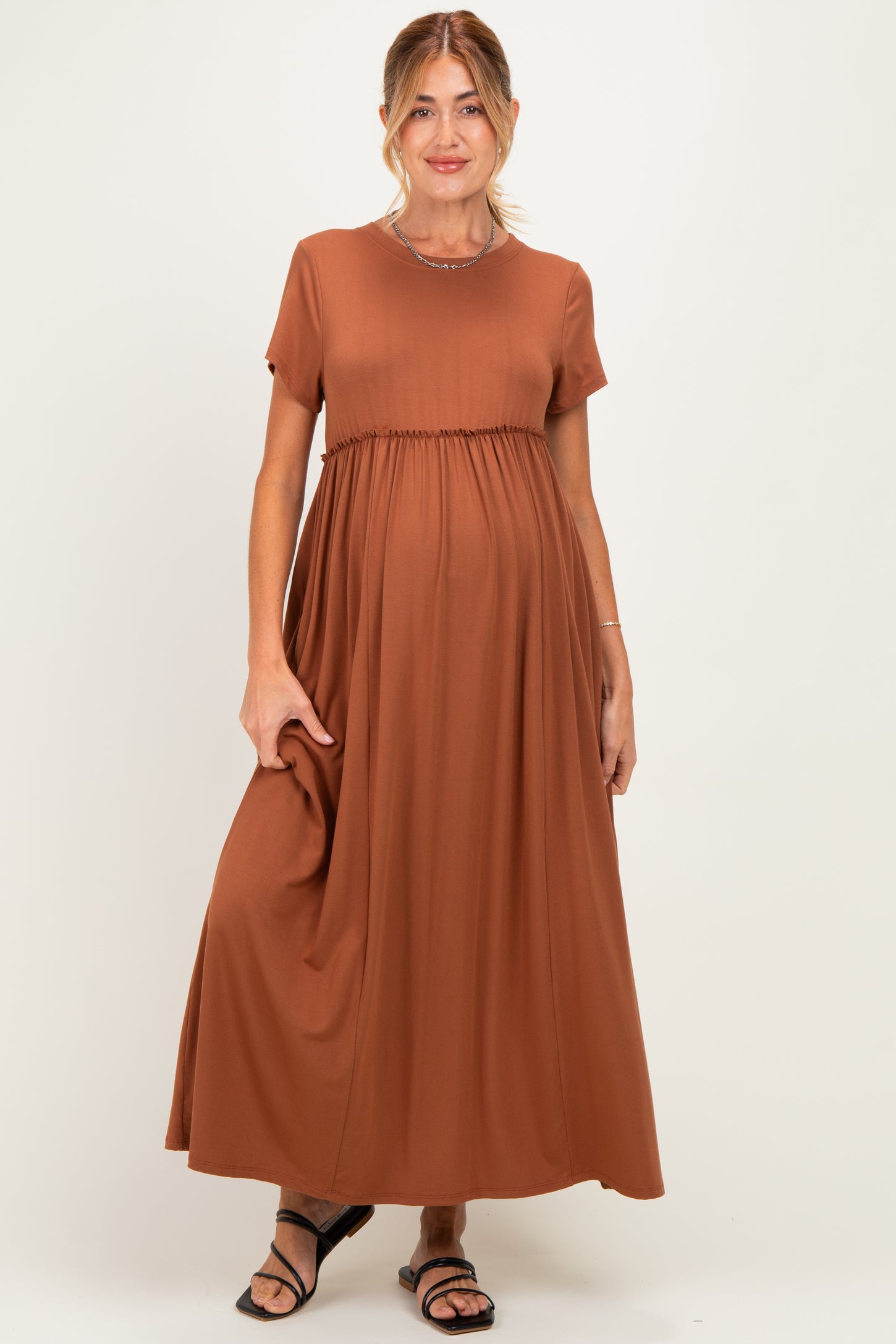Mocha Ruffle Trim Maternity Maxi Dress