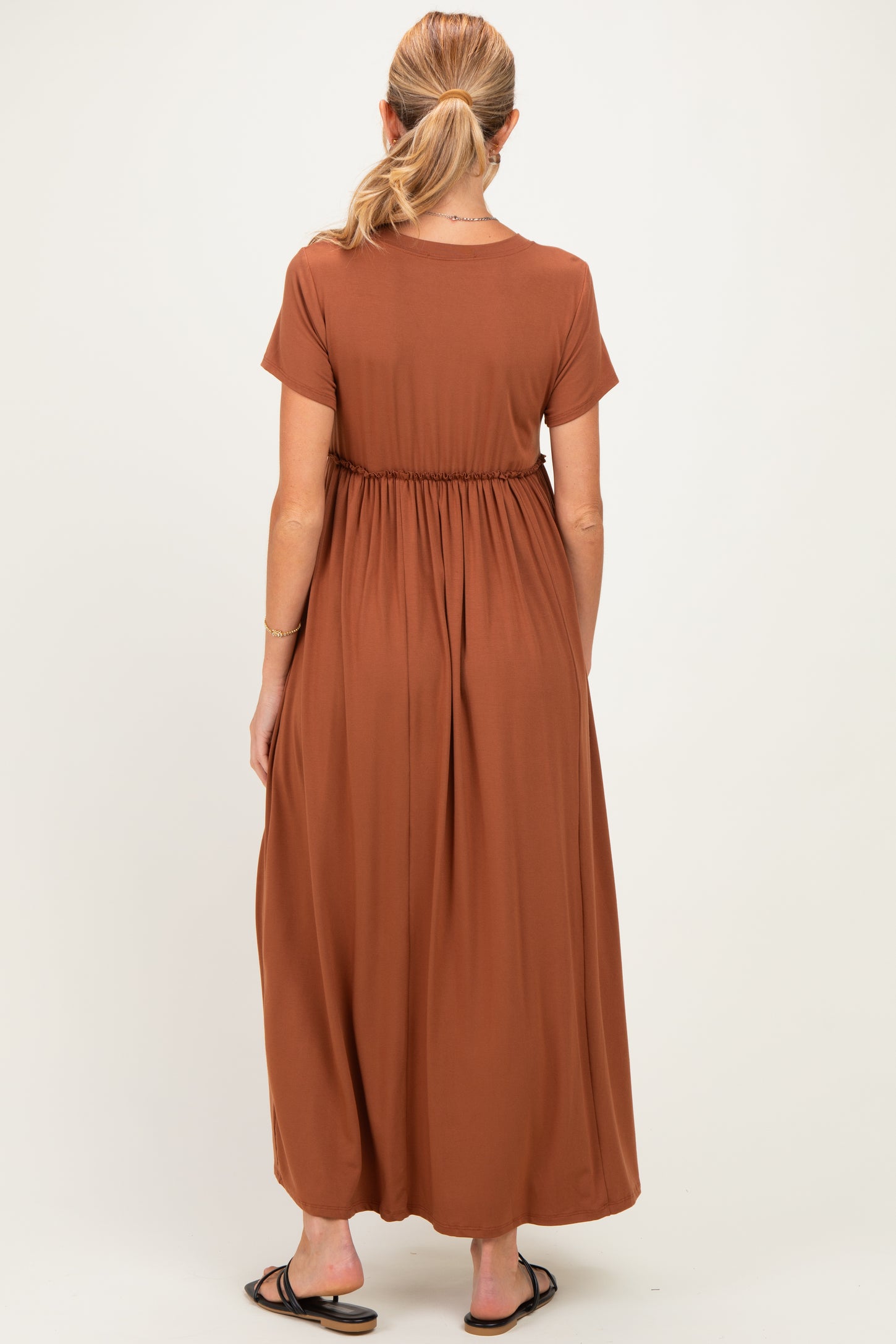 Mocha Ruffle Trim Maternity Maxi Dress