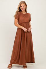 Mocha Ruffle Trim Maternity Maxi Dress