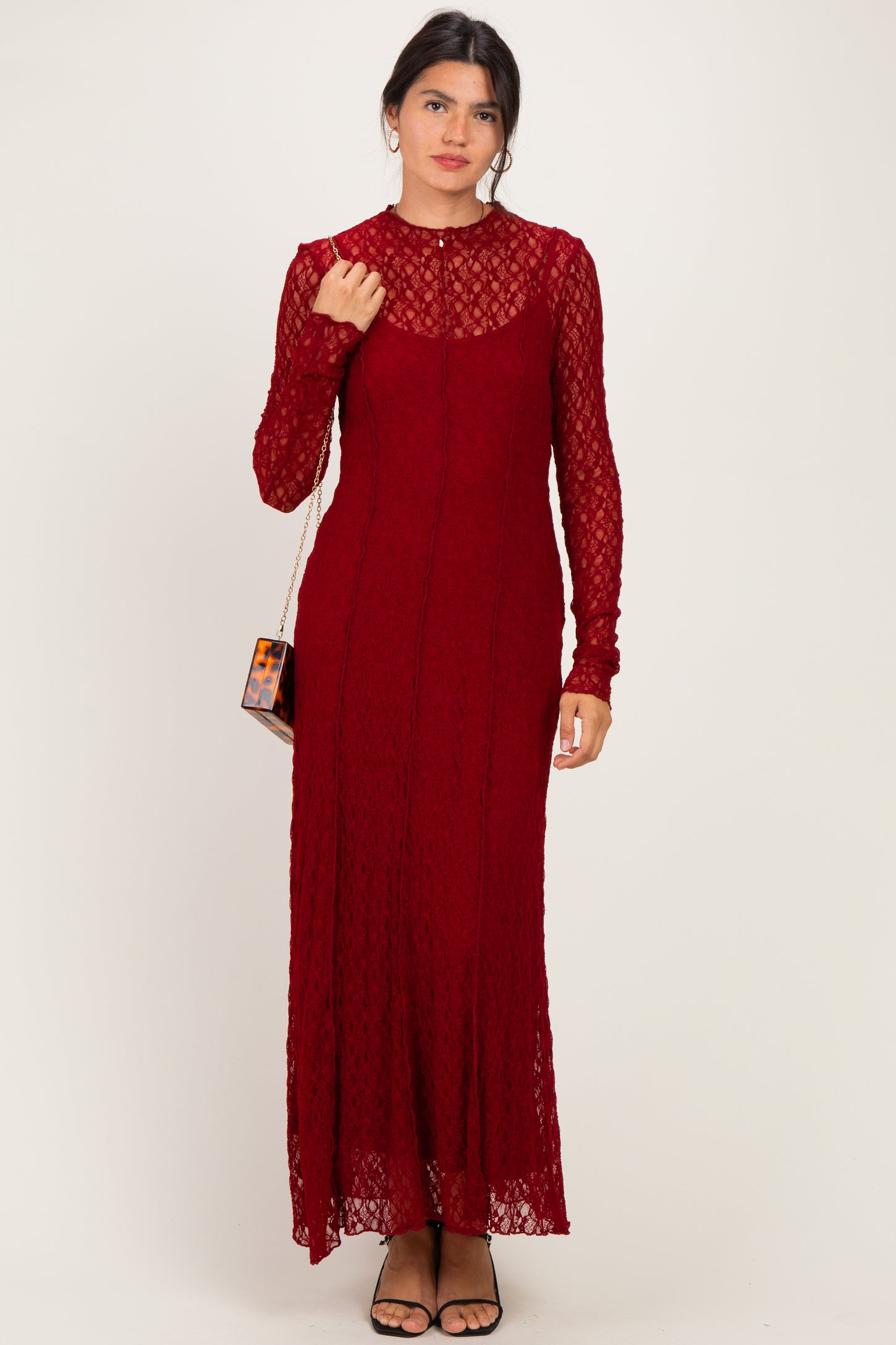 Burgundy Lace Mock Neck Long Sleeve Maternity Maxi Dress