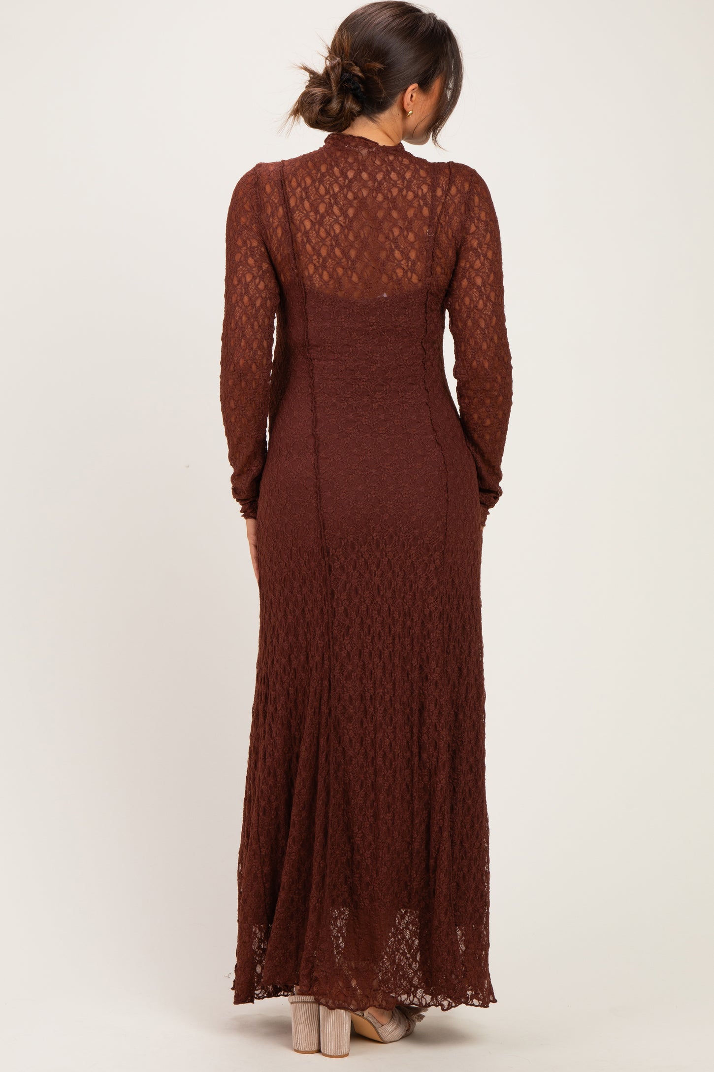 Brown Lace Mock Neck Long Sleeve Maternity Maxi Dress