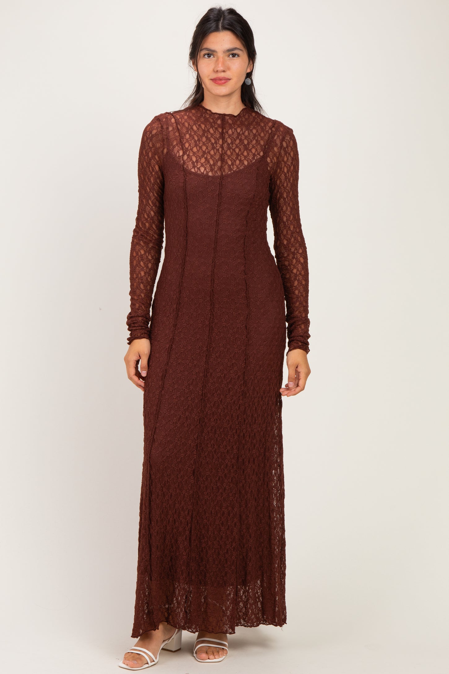 Brown Lace Mock Neck Long Sleeve Maternity Maxi Dress