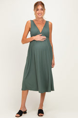 Olive Sleeveless Ribbed Knit A-Line Maternity Midi Dress