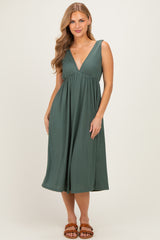 Olive Sleeveless Ribbed Knit A-Line Maternity Midi Dress
