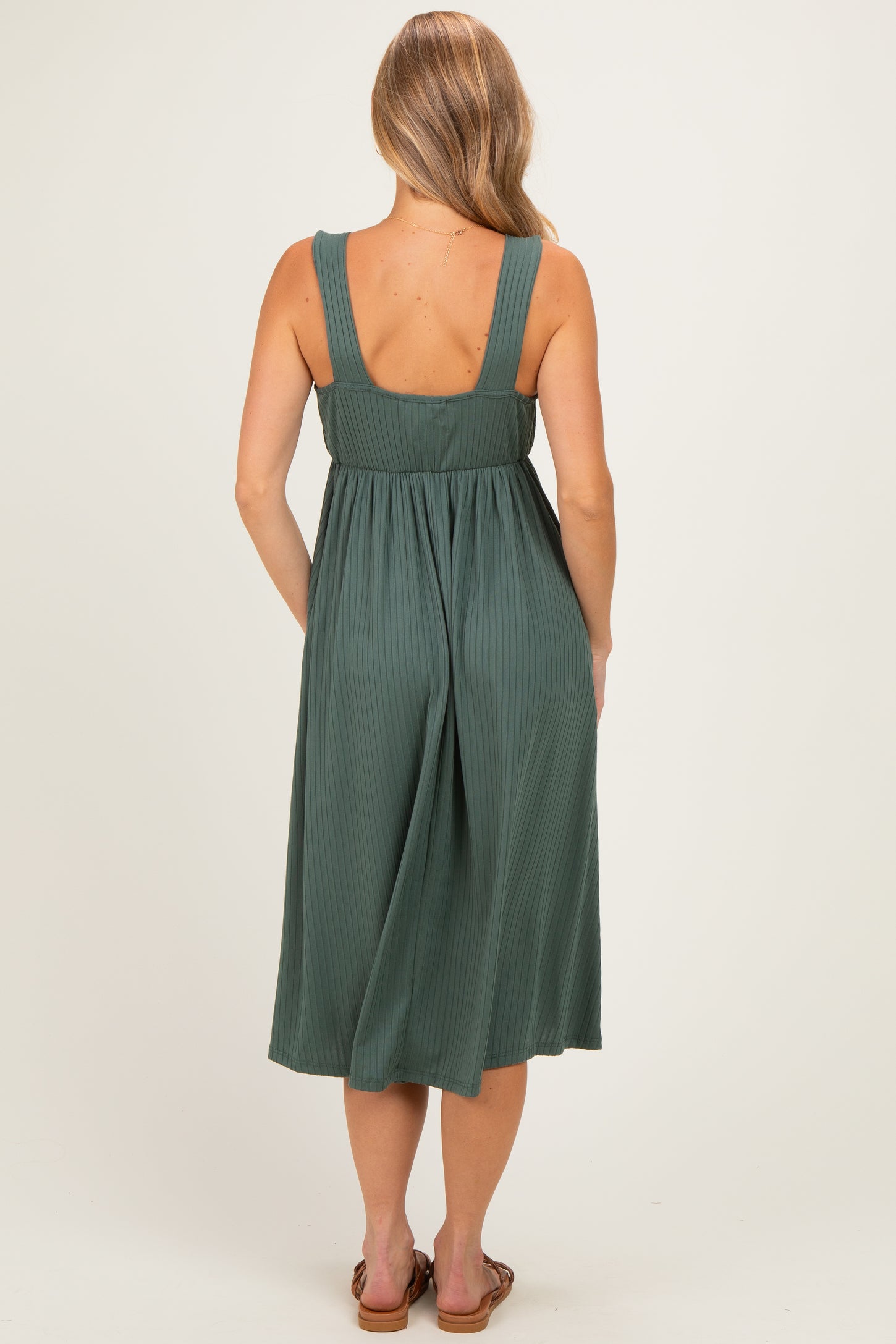 Olive Sleeveless Ribbed Knit A-Line Midi Dress