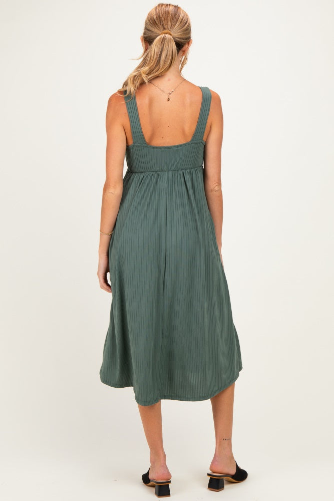 Olive Sleeveless Ribbed Knit A-Line Maternity Midi Dress