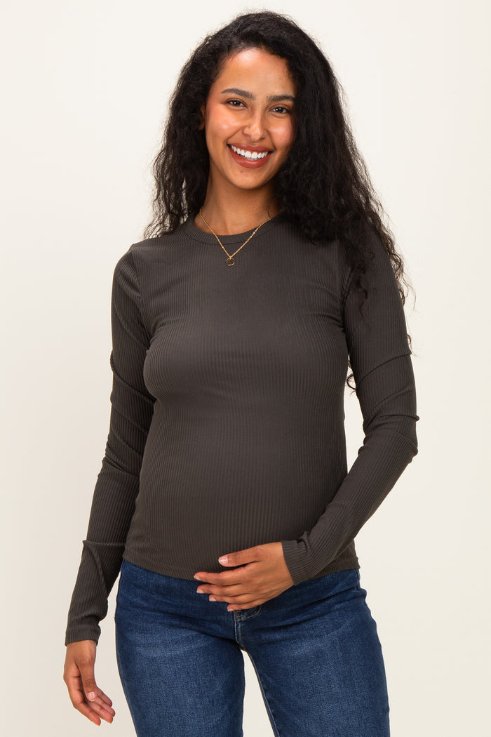 Charcoal Smoke Brushed Rib Knit Maternity Long Sleeve Top
