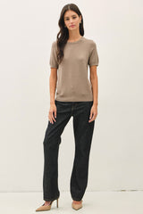 Heather Mocha Basic Short Sleeve Sweater Top